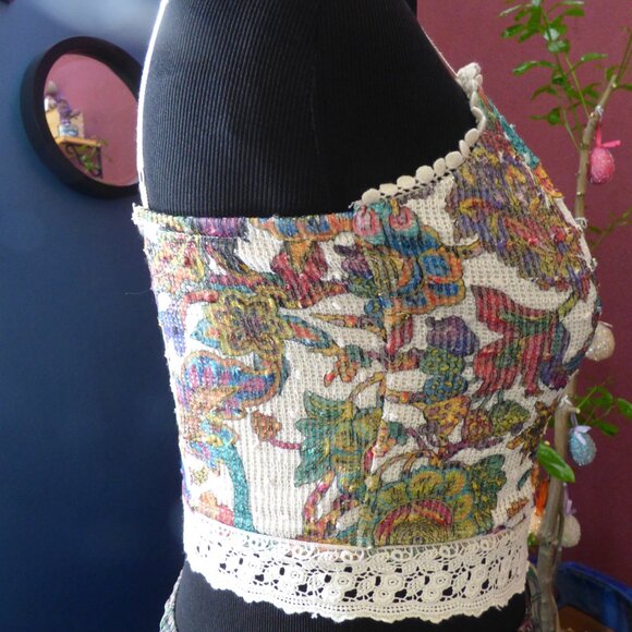 QUIRKY GOTH BOHO COWGIRL CROPPED CAMI MULTI PEACOCK SEQUINS LINED LACE ZIP M L - Picture 4 of 11